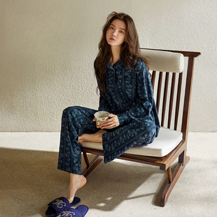 全棉长袖睡衣女士套装春秋季高级感纯棉开衫复古印花家居服可外穿