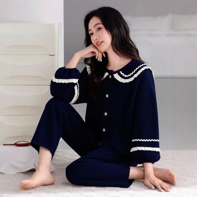 睡衣女士秋冬娃娃领蓝色开衫法兰绒加绒加厚家居服保暖套装可外穿