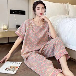 新中式国风宽松大码印花套装纯棉睡衣女夏季薄款九分裤胖mm200斤