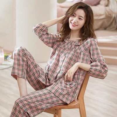 100%双面纯棉睡衣女春秋季长袖大码全棉家居服套装学生夏月子服冬