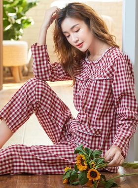 睡衣女春秋款纯棉长袖春夏季格子家居服套装高档可外穿大码妈妈装