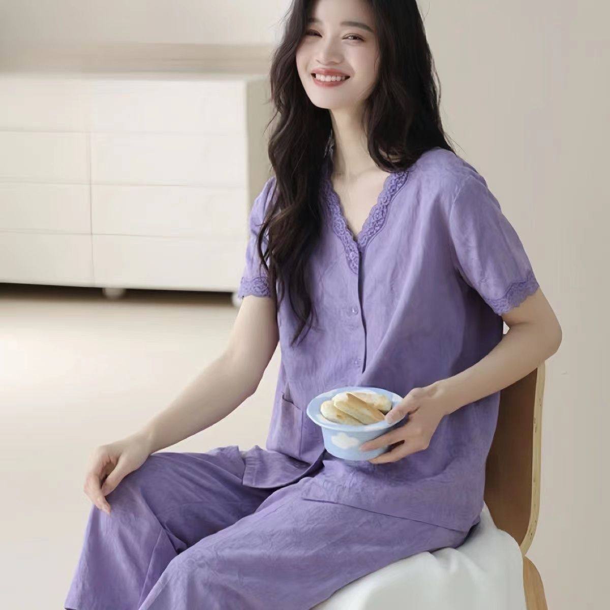 蕾丝花边奢华新款纯棉短袖七分裤睡衣女夏季薄款高级感家居服套装