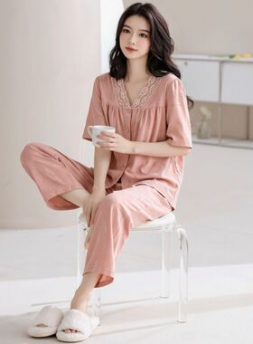 休闲慵懒风蕾丝边V领开衫100%纯棉短袖睡衣女士夏季新款气质套装
