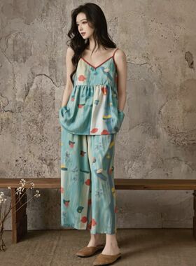 V领印花套头纯棉吊带睡衣女士夏天薄款凉感宽松大码可外穿家居服