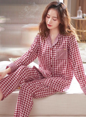 睡衣女春秋款纯棉长袖春夏季格子家居服套装高档可外穿大码妈妈装