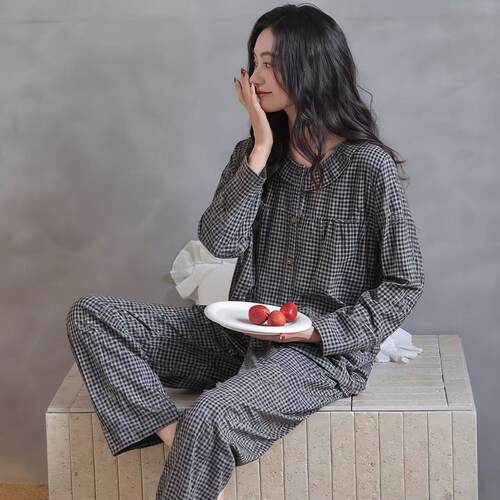 高级感格子开衫纯棉长袖睡衣女士春秋季新款韩版气质家居服可外穿