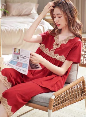 红色睡衣女士夏季纯棉短袖七分裤宽松家居服大码可外穿薄款套装女