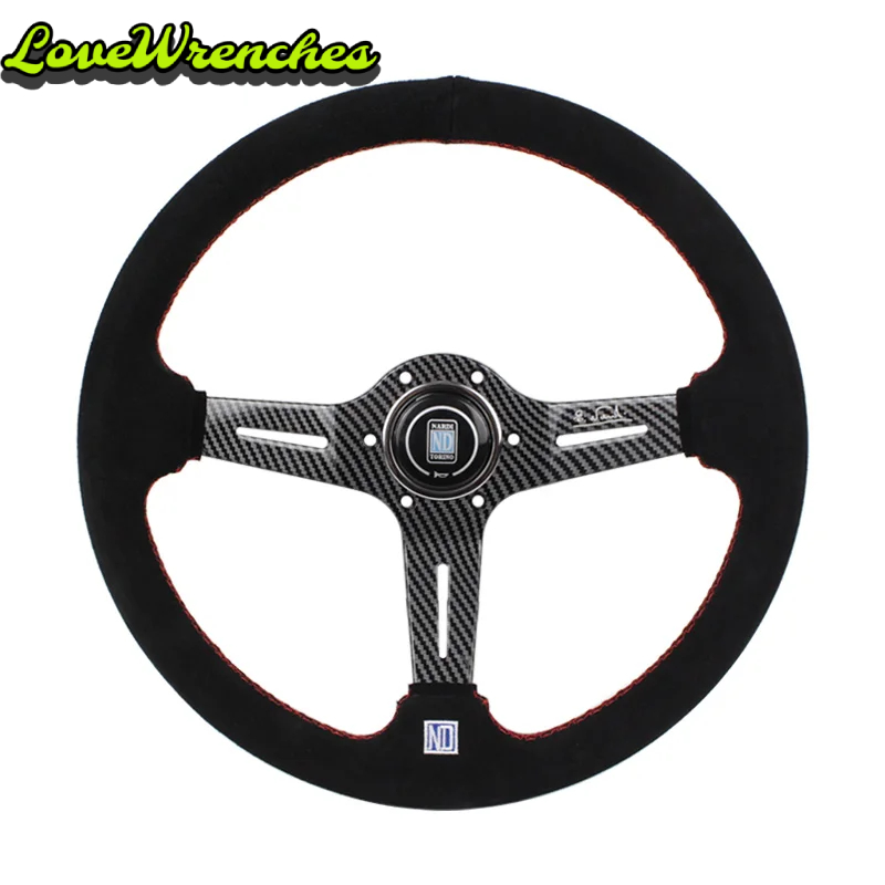 14寸汽车方向盘改装中凹ND磨砂方向盘赛车通用碳纤维纹快拆方向盘