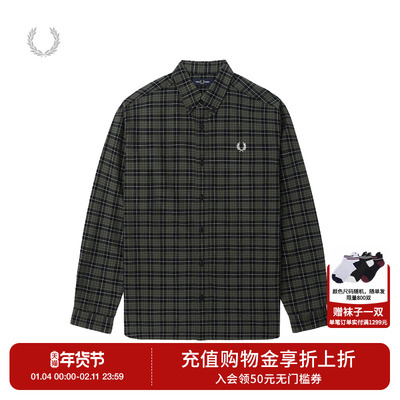 FRED PERRY男士休闲衬衫冬季英伦宽松长袖格子麦穗刺绣衬衣M8504