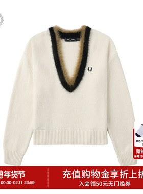 FRED PERRY女士休闲针织衫冬季撞色V领麦穗刺绣保暖长袖K8123