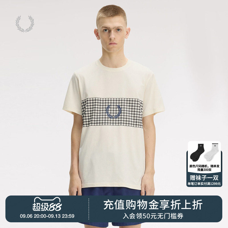 FRED PERRY男装圆领短袖T恤2026夏季新款休闲文艺风格子印花半袖图片