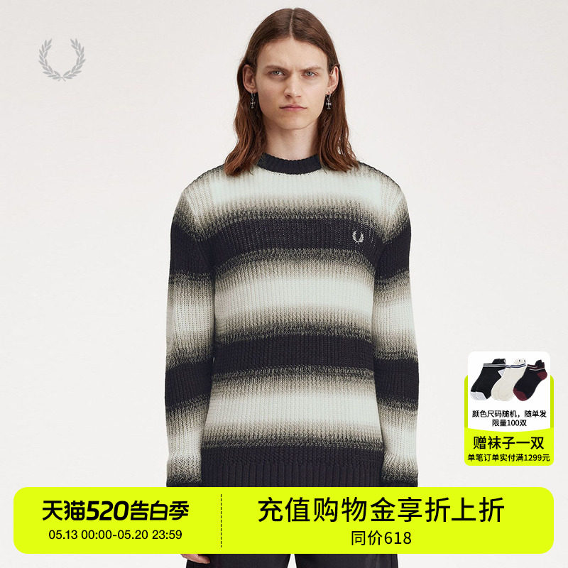 FRED PERRY男士针织衫夏季新款休闲拼色条纹长袖羊毛衫K7612