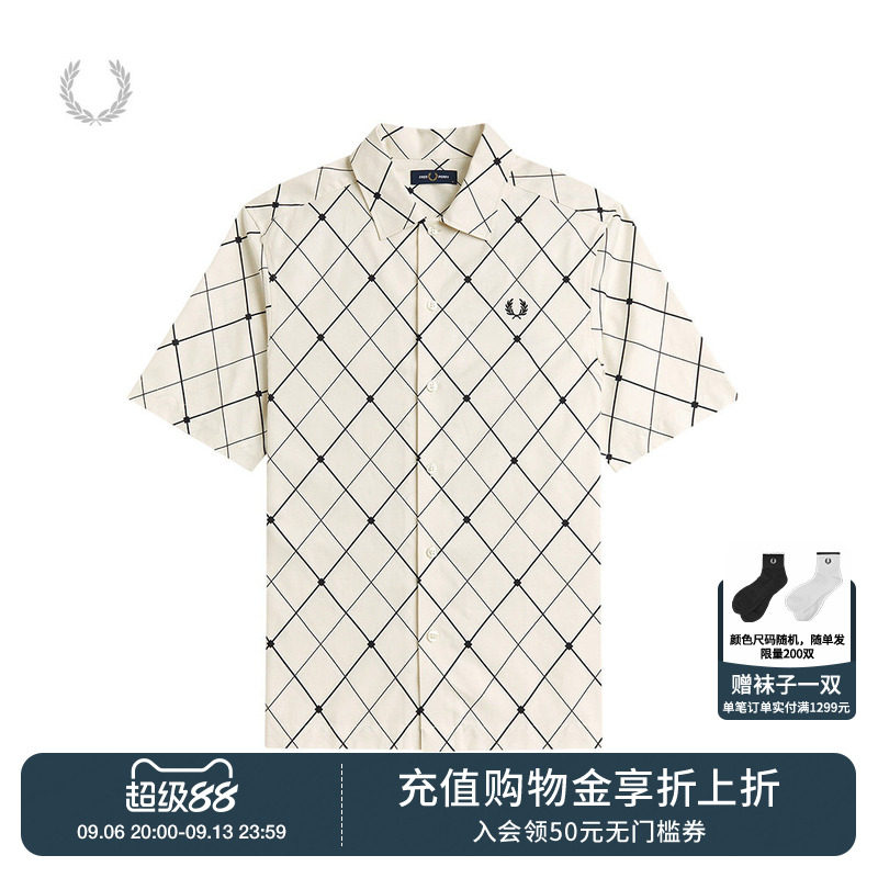 FRED PERRY男装菱格纹短袖衬衫2026夏季新款时尚型男麦穗刺绣上衣图片