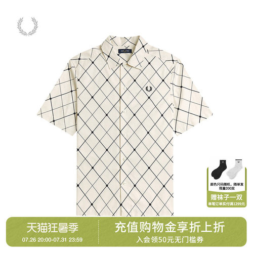 FRED PERRY男装菱格纹短袖衬衫2026夏季新款时尚型男麦穗刺绣上衣