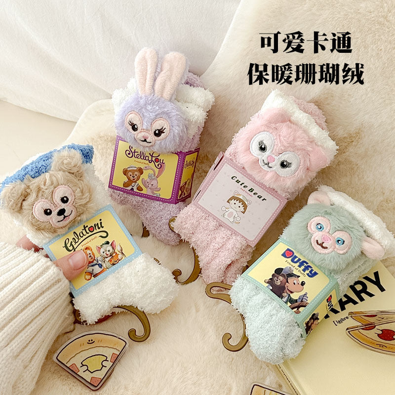 保暖女珊瑚绒可爱卡通中筒袜图片