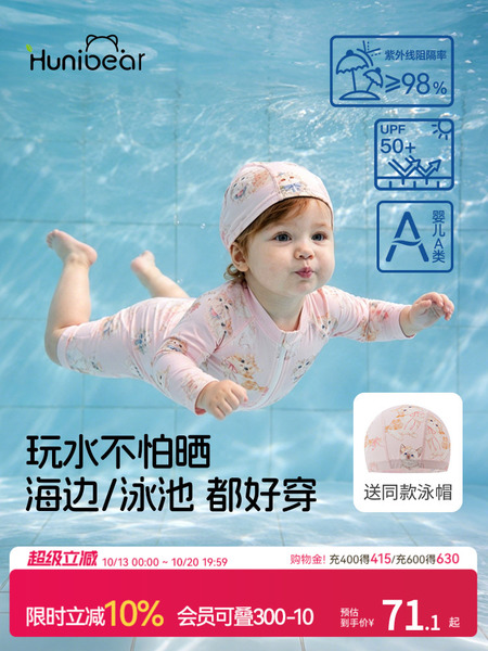 欢喜小熊儿童防晒长袖泳衣女儿童宝宝连体式a类高颜值绝美游泳衣