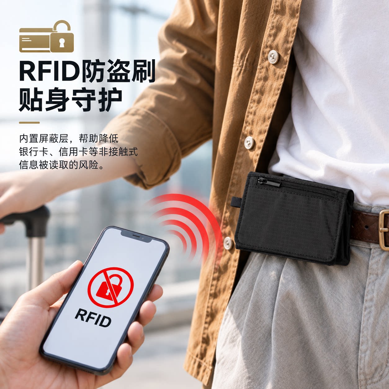 RFID防盗刷零钱包隐藏式护照腰包