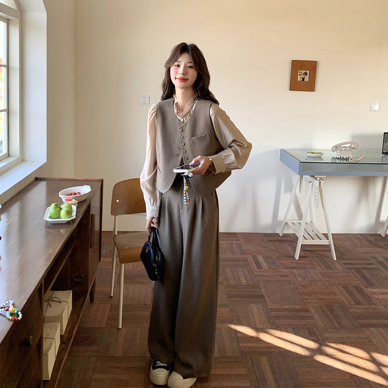 小香风马甲时尚套装女2025年春季新款韩系高级感显瘦阔腿裤三件套,女装套装/套裙,2C111