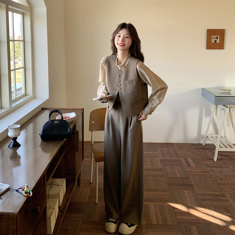 小香风马甲时尚套装女2025年春季新款韩系高级感显瘦阔腿裤三件套,女装套装/套裙,2C111