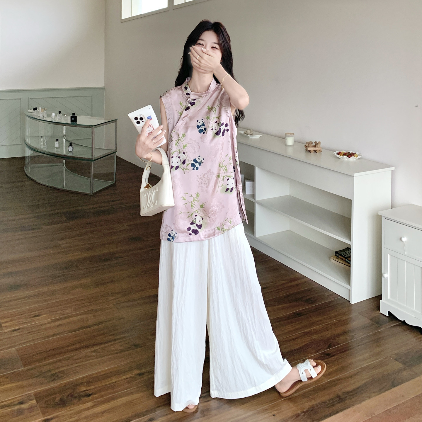 新中式无袖盘扣印花上衣阔腿裤套装两件套#2556-P165-K248,女装套装/套裙,2C111