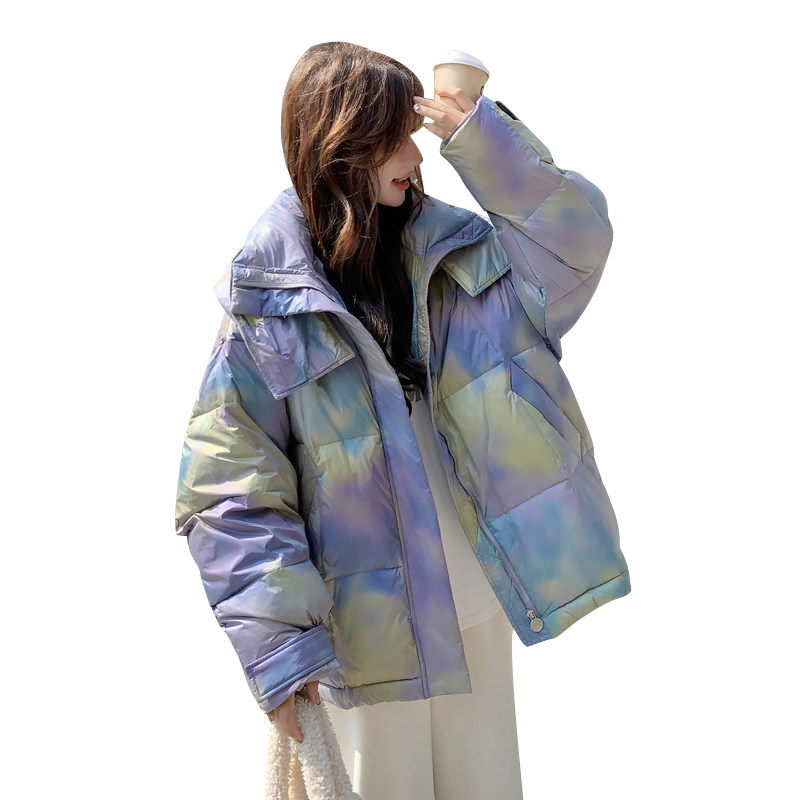 韩版时尚短款扎染连帽羽绒服女2025年冬季新款加厚显瘦白鸭绒外套,女装羽绒服,2C111