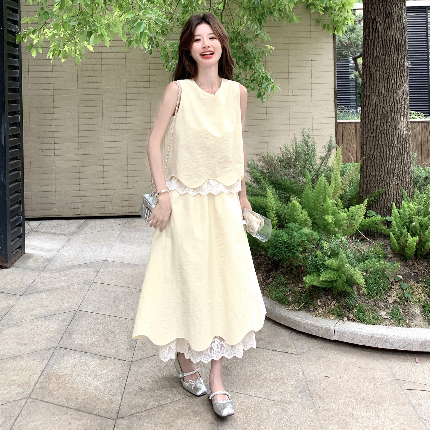 2025夏季蕾丝拼假两件上衣+半身裙套装#2553-P150-K218,女装套装/套裙,2C111