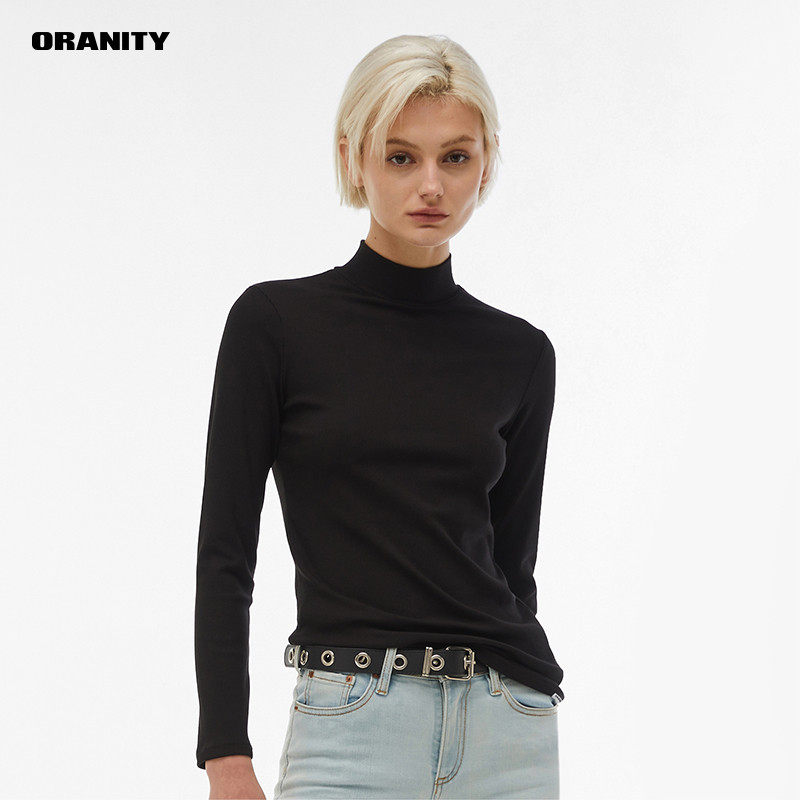 Oranity悟然黑色半高领打底衫女烟管领秋冬莫代尔内搭中领修身t恤