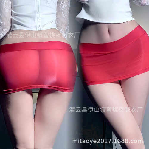 性感油光丝滑超短低腰女装大佬制服短裙冰丝透明cd伪娘变装紧身裙