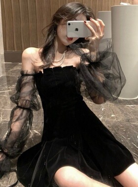 夏新款网纱泡泡袖女装大佬变装衣服黑色裙子露肩cd伪娘蓬蓬连衣裙