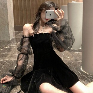 夏新款网纱泡泡袖女装大佬变装衣服黑色裙子露肩cd伪娘蓬蓬连衣裙