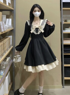 200斤超大码长袖赫本风伪娘cd变装连衣裙蓬蓬裙黑色女装大佬裙子