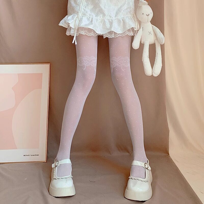 日系jk洛丽塔纯欲软妹蝴蝶结伪娘cos蕾丝连裤袜薄款性感白丝袜男