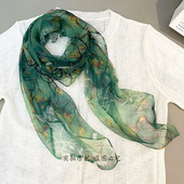 春夏清新绿色印花丝巾真丝围巾桑蚕丝杭州东风纱围巾小款 围脖护颈