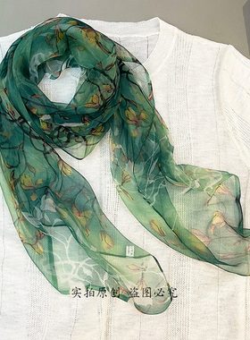 春夏清新绿色印花丝巾真丝围巾桑蚕丝杭州东风纱围巾小款围脖护颈