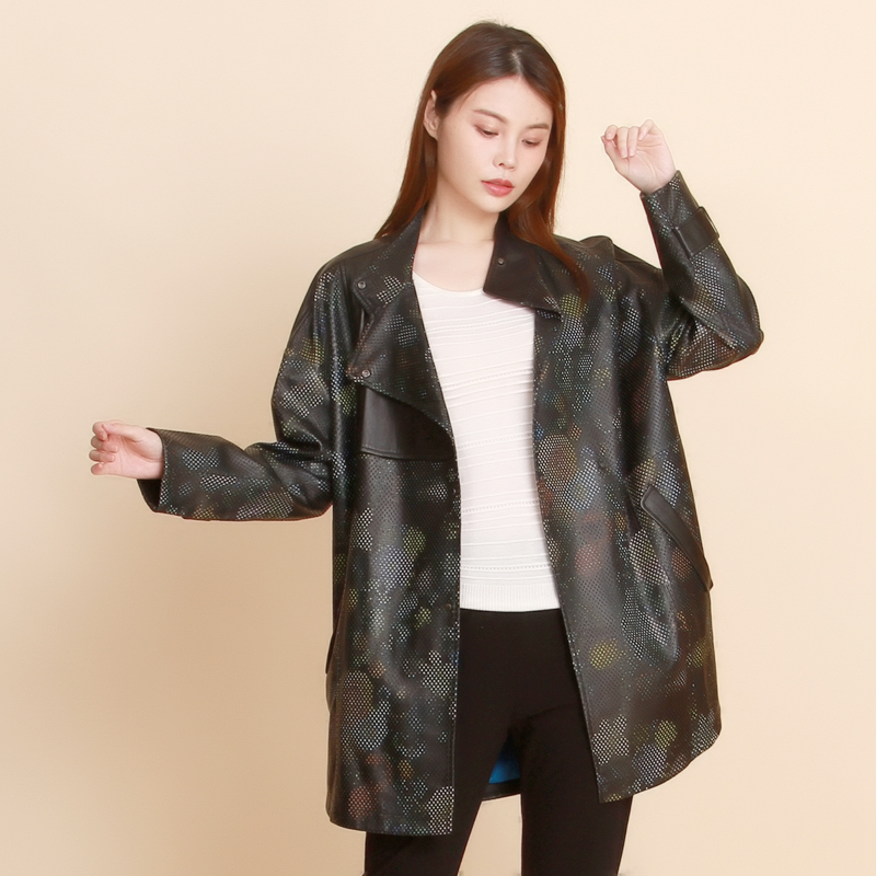 白翎风采EH3P3482 秋季拼接拉链西装领黑花长袖时尚优雅外套女