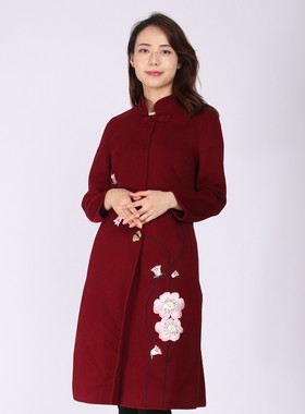 白翎风采毛呢外套女深红色长袖立领绣花长款开衩2020秋冬新款