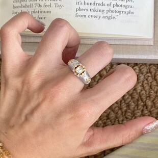 Vintage中古老钱风银色拉丝方钻星芒戒指女复古气质时尚百搭指环