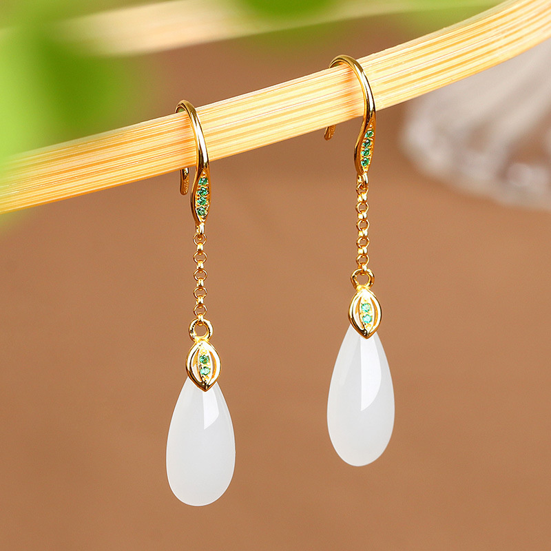 中国风925银镀金工艺水滴形白玉耳环女超仙长款流苏设计旗袍耳坠