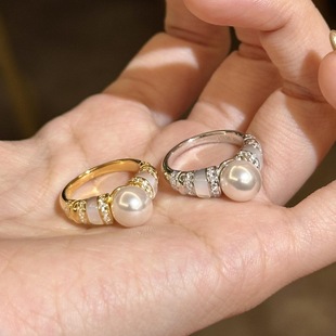 法式轻奢中古风白贝珍珠镶钻戒指女百搭个性小众气质高级感食指戒