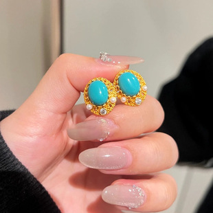 S925银法式复古宫廷风珍珠绿松石耳环耳钉女中古气质轻奢小巧耳饰