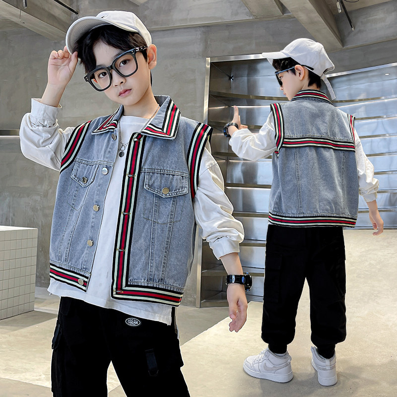 童装2026春秋季男女新款潮流外套无袖时尚翻领单排扣织带牛仔马甲