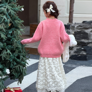 2025春秋冬季超潮流休闲时尚舒适女童装粉色毛巾绣字母蝴蝶结毛衣