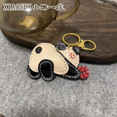 打球熊猫头层牛皮包挂件可爱