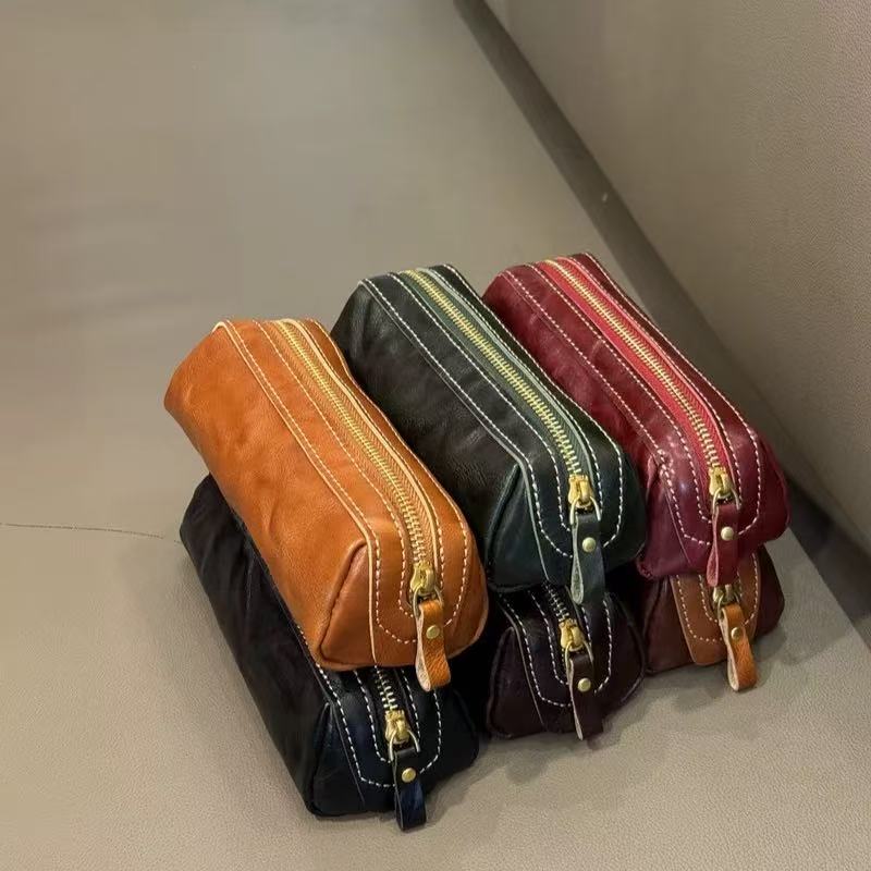 复古头层牛皮手提双拉链笔袋