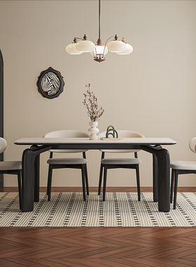 复古黑色实木岩板餐桌椅组合意式现代简约家用小户型纯白岩板饭桌