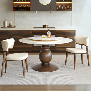 高端奢石餐桌白冰玉天然大理石圆桌带转盘中古风实木圆形家用饭桌