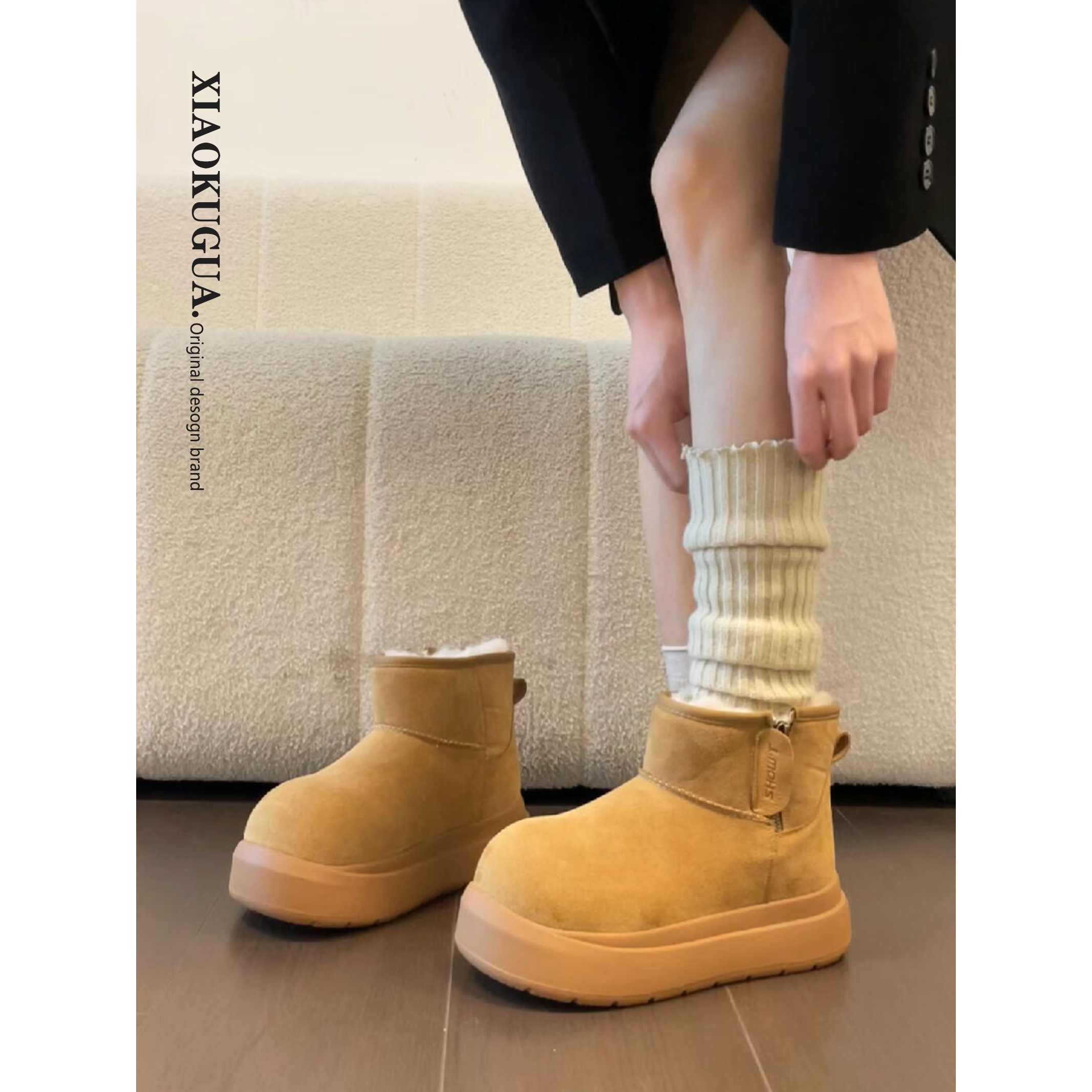 UGGΚE2025冬季新款丑萌大头厚底雪地靴女款外穿加绒短筒靴保暖