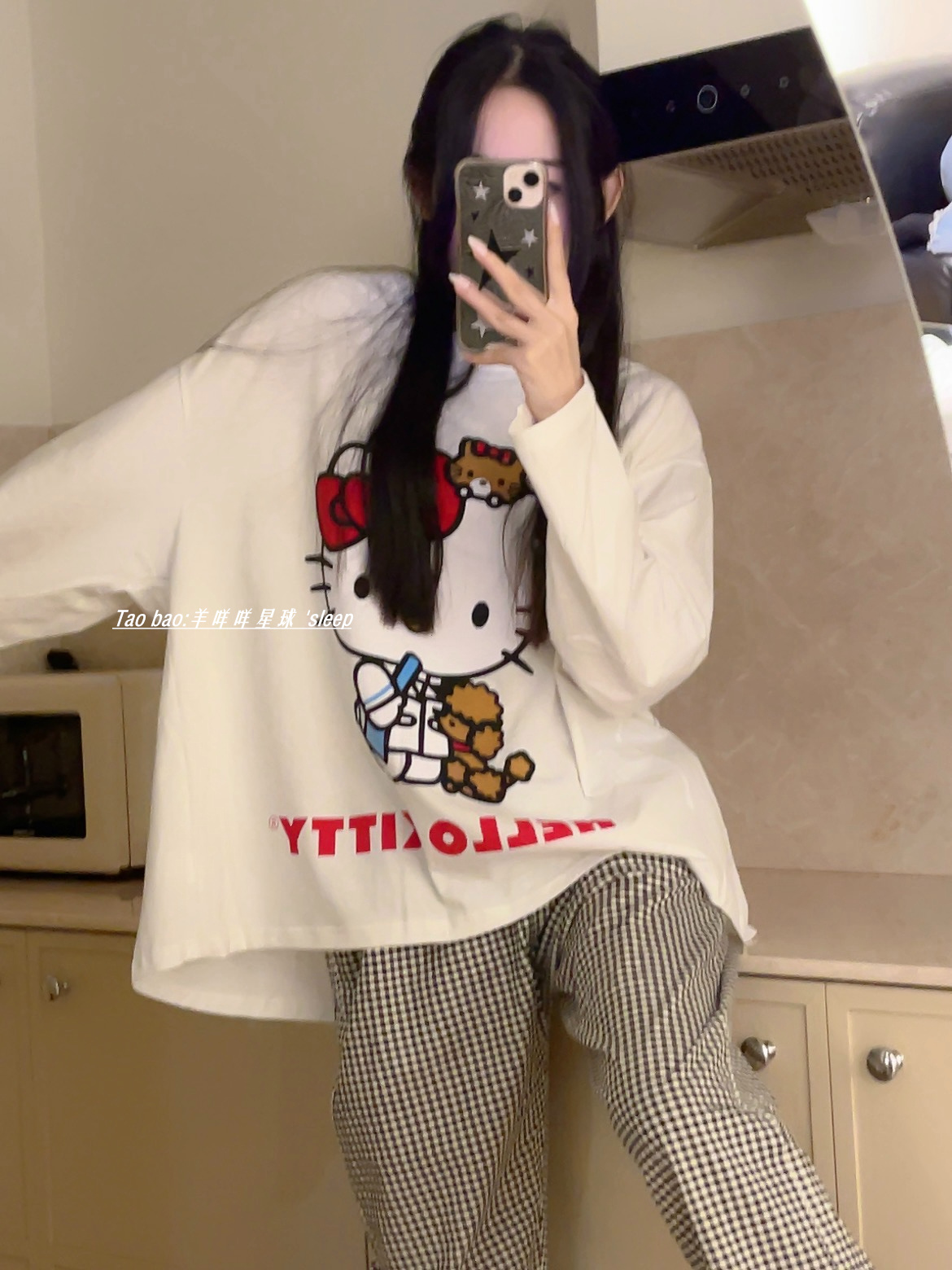 可爱hellokitty睡衣女凯蒂猫春秋新款纯棉格子ins少女休闲家居服