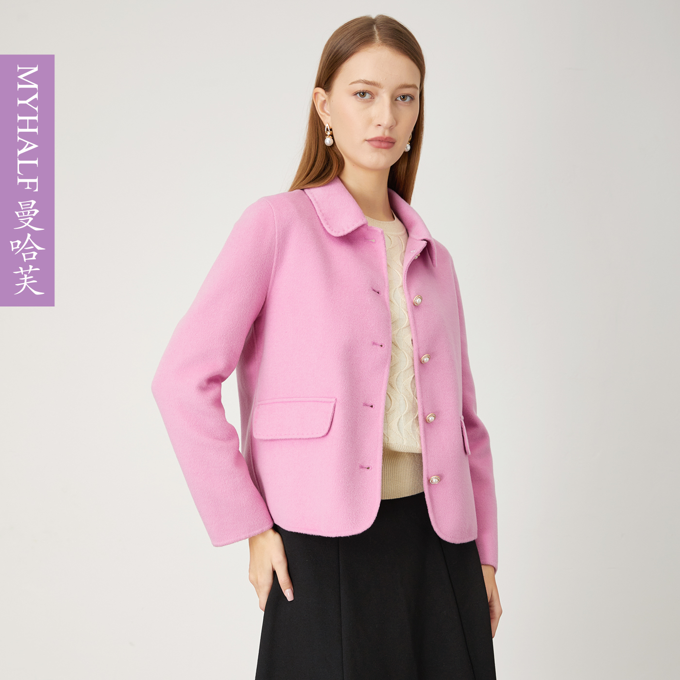 曼哈芙100%绵羊毛短款气质减龄双面毛呢外套2025轻奢小香风大衣女