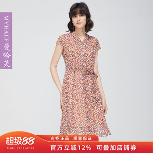 曼哈芙夏淑女V领印花连衣裙波点雪纺气质显瘦高级感收腰中裙绑带